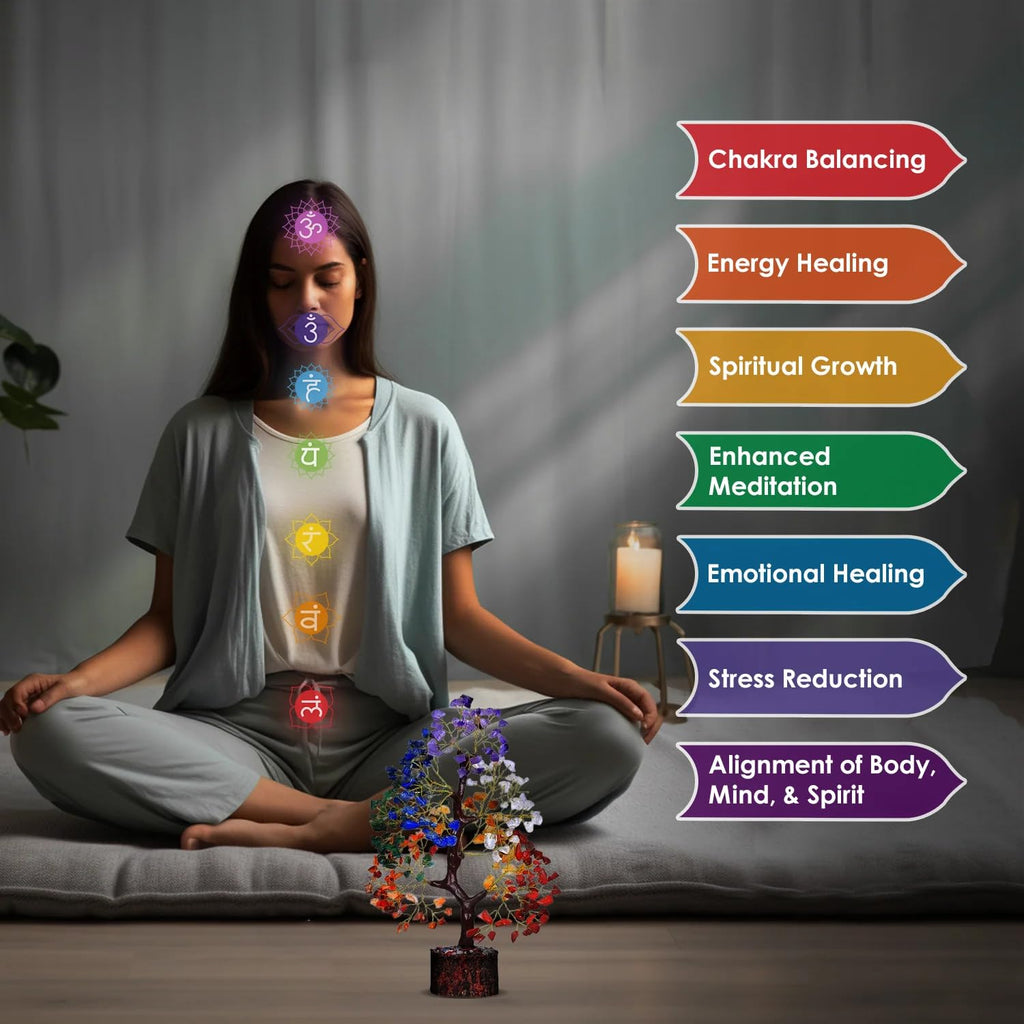 SVARAH 10-12 Inch Seven Chakra Crystal Tree with 300+ Beads | Handmade Feng Shui Money Tree for Positive Energy, Good Luck, Spiritual Chakra Activation, Gemstone Healing | Best Gift Home Décor