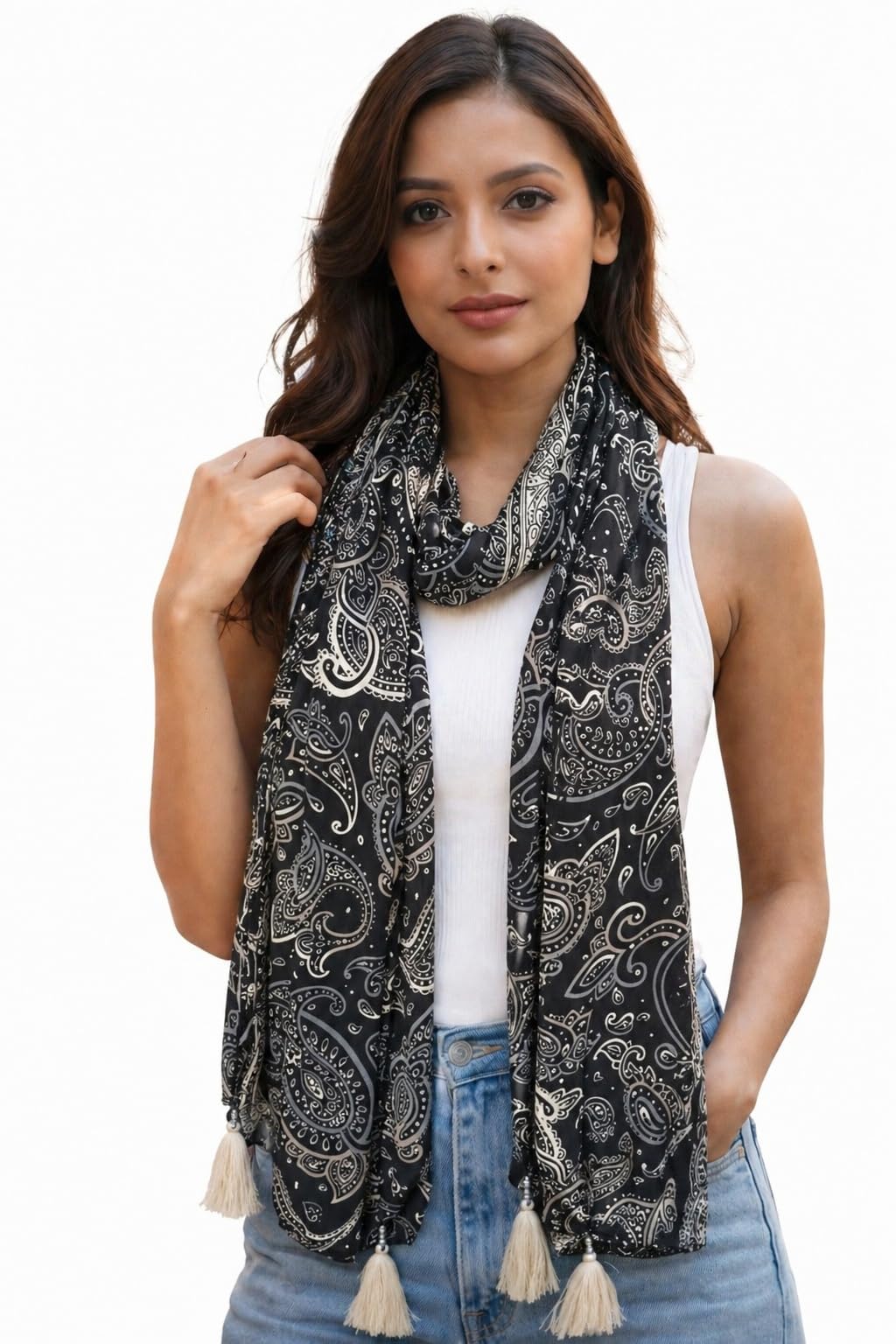 Women’s Printed Fashion Scarf for Women & Girls | Soft Lightweight Neck Wrap Stole with Tassels | Stylish Casual Daily Wear Scarf
