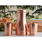 INDIAN ART VILLA Pure Copper Drinkware Gift Set – Hammered Design, Bedroom Bottle (900 ML) & 2 Glasses (275 ML) Set, Tableware, Perfect for Daily Use, Home, Office and Special Occasion Gifting