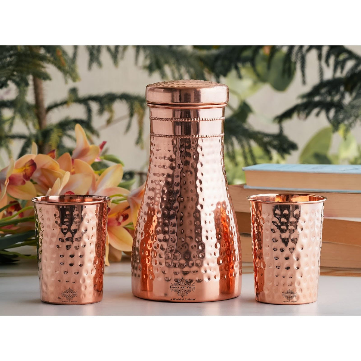 INDIAN ART VILLA Pure Copper Drinkware Gift Set – Hammered Design, Bedroom Bottle (900 ML) & 2 Glasses (275 ML) Set, Tableware, Perfect for Daily Use, Home, Office and Special Occasion Gifting