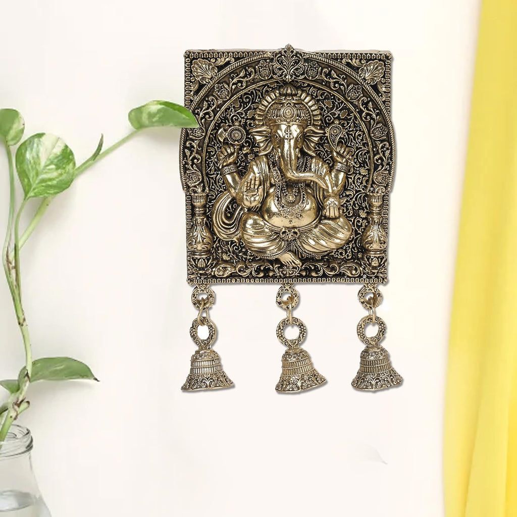 ARTVARKO Brass Ganesh Ganesha Wall Hanging Idol with Bells for Puja Gifting Entrance Home Decor 7 Inch