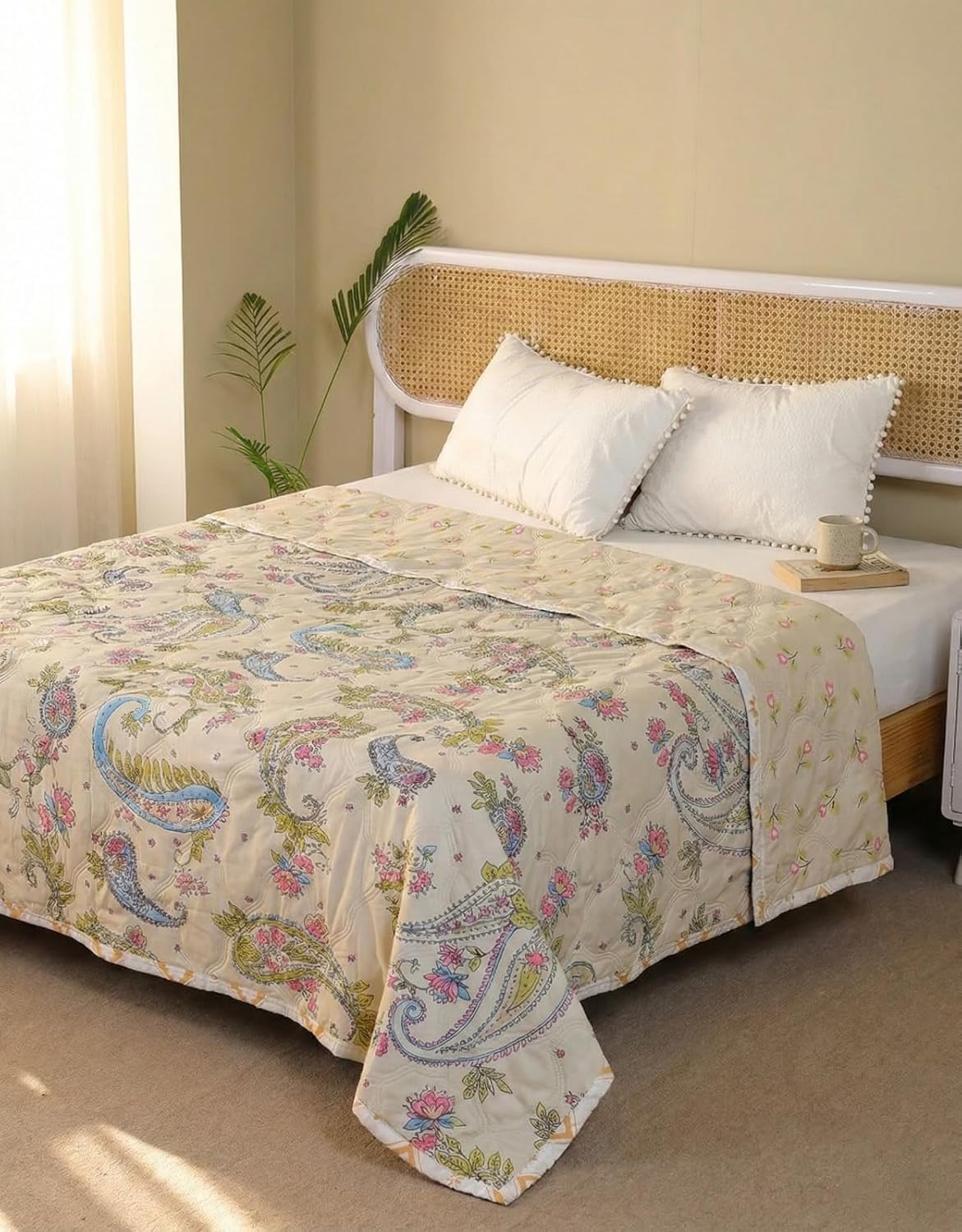Summer Blanket 100% Cotton Reversible Ac Comforter and Cooling | Classic Printed Design | Quilt | Dohar Single/Double Bed Quilt Ideal for Gifting (Cream Color Curry Design, Double BE) Kafalo
