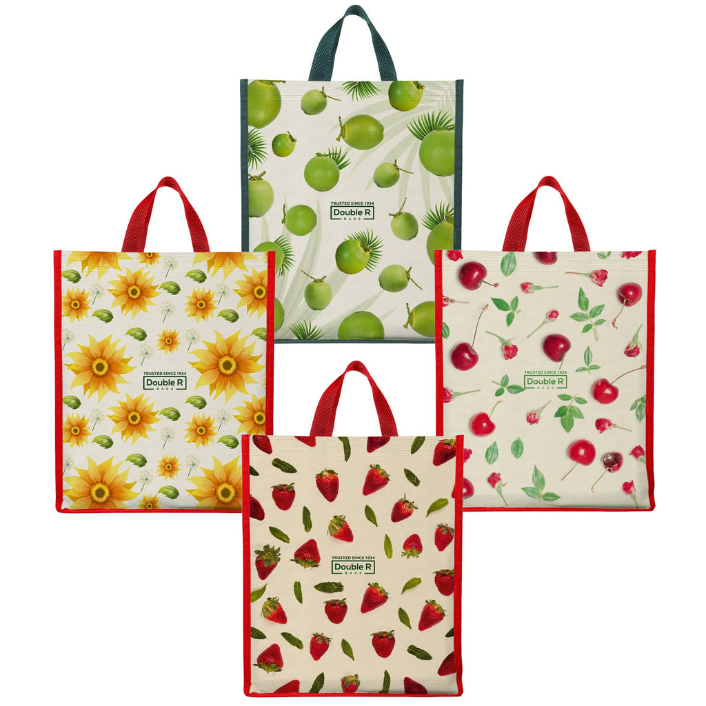 DOUBLE R BAGS Unisex Big Eco Cotton Canvas Shopping Bag for Grocery, Milk, Fruits & Vegetables | Reusable Jhola Tote with Reinforced Handles | Multi Print, 34x9.5x39.5 cm, 1 Compartment (Pack of 4)