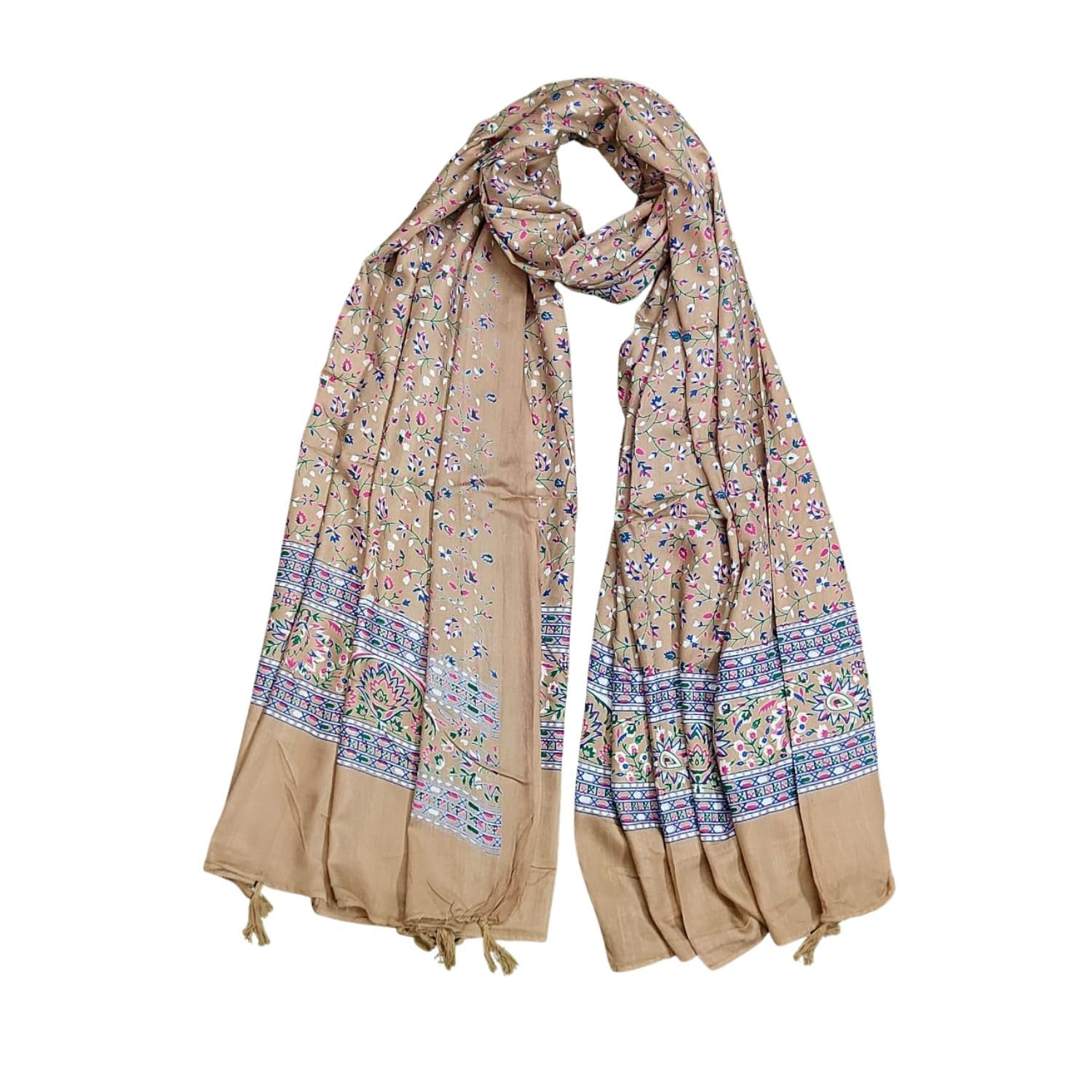 JAHAN TEXTILE Floral Printed Scarf for Women | Soft Lightweight Dupatta/Stole with Tassels | Elegant Ethnic & Casual Wear Wrap | Stylish Designer Shawl for All Seasons (Khakhi)