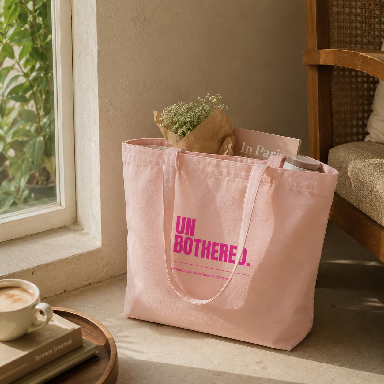 STORE Baby Pink Tote Bag | Minimal Aesthetic Canvas Tote Bag for Women | Reusable Shoulder Bag for Shopping Travel College and Daily Use (Unbothered)