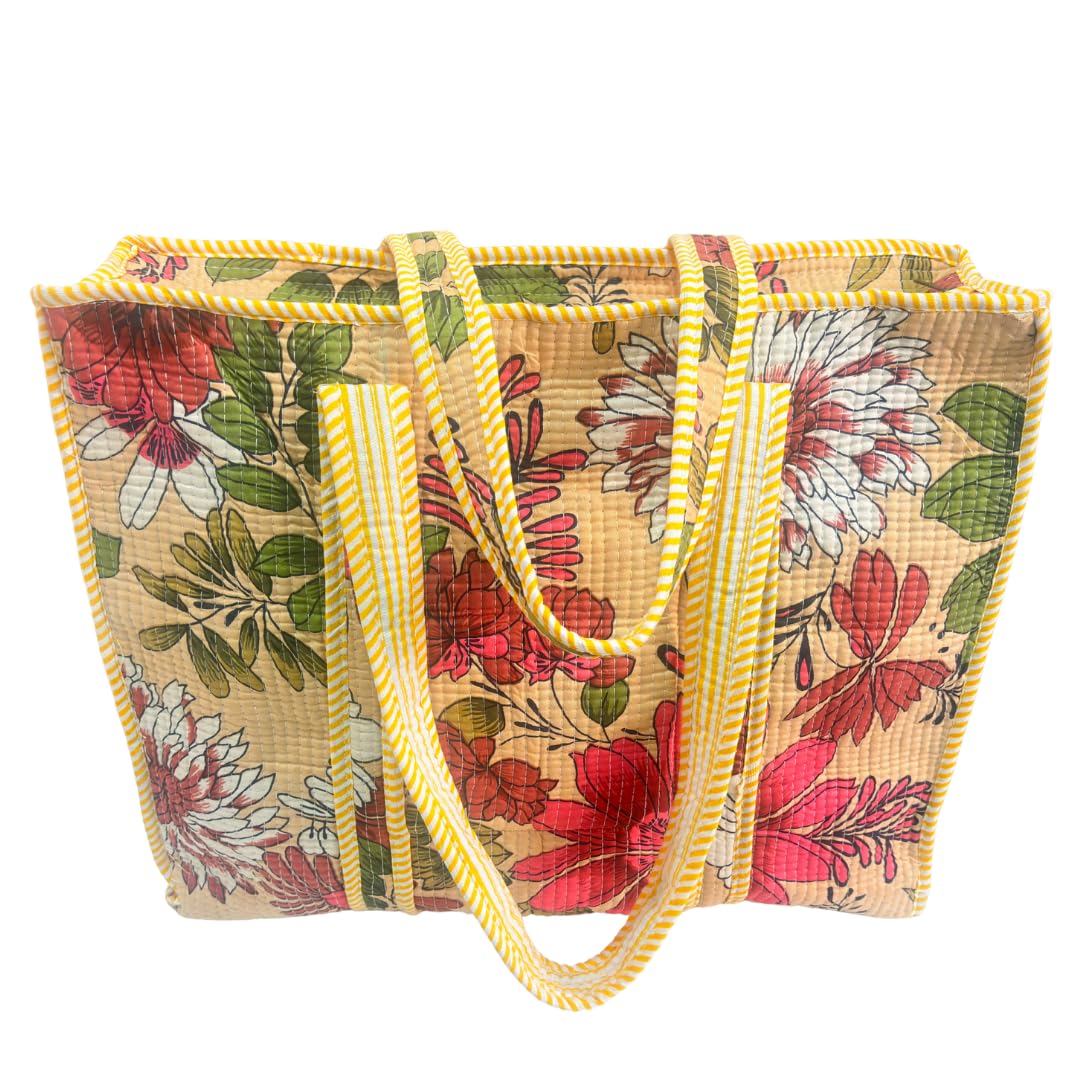 Bazaar Bhoot Edition Premium Cotton Quilted Shopping Tote Bag - Multipurpose Long Lasting Foldable Reusable Bag with zipper for Shopping, Travel & Daily Use - Made in India (Floral Beige)