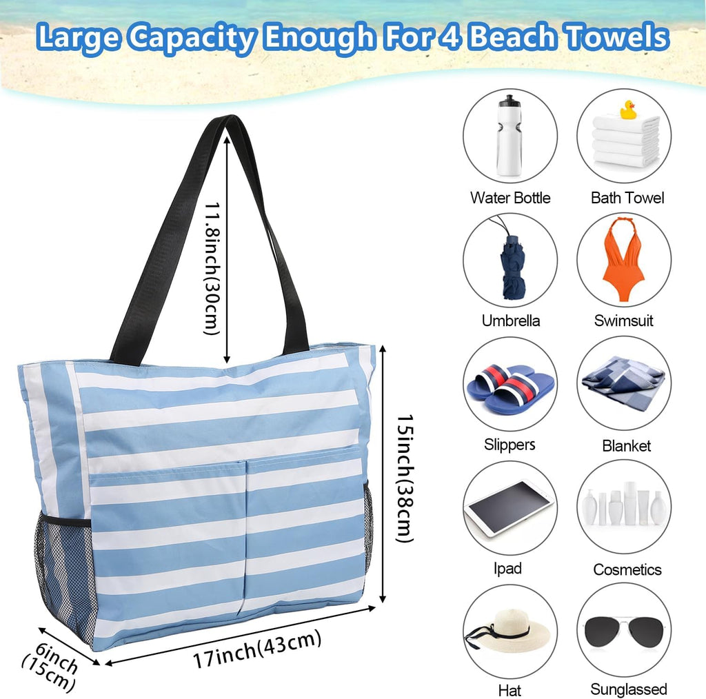 hirTa Roof Tote Bag for Teacher Women Office Girls Work Multipurpose Zipper Pocket Travel Grocery Beach Hobo Handbag Waterproof Sandproof Lightweight Pool (Light Blue White Strap)