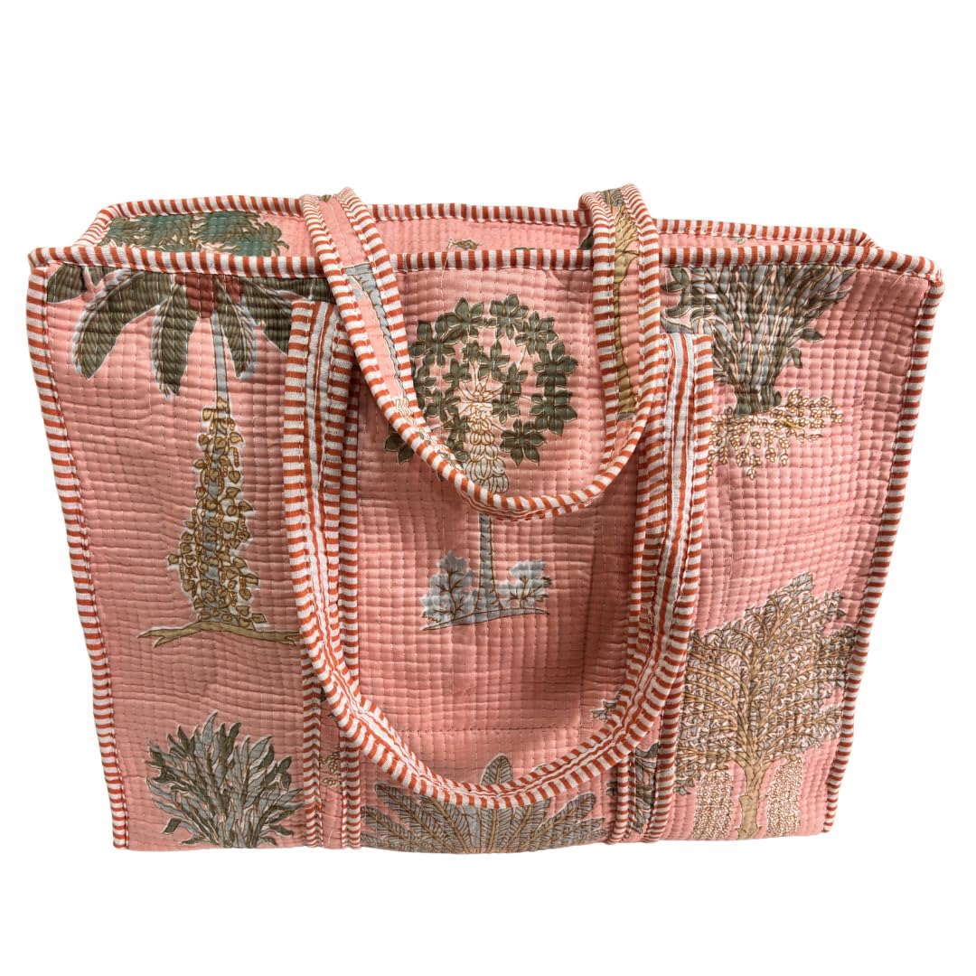 Bazaar Bhoot Edition Premium Cotton Quilted Shopping Tote Bag - Multipurpose Long Lasting Foldable Reusable Bag with zipper for Shopping, Travel & Daily Use - Made in India (Peach)