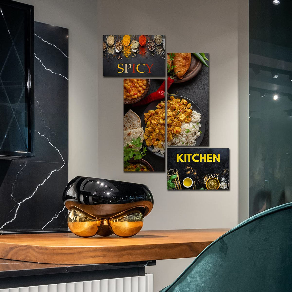 VIBECRAFTS Kitchen's 4 Pieces Canvas Wall Painting Fitted With Wooden Frame For Home | Kitchen | Gifts (PTVC4Pcs3_15507)
