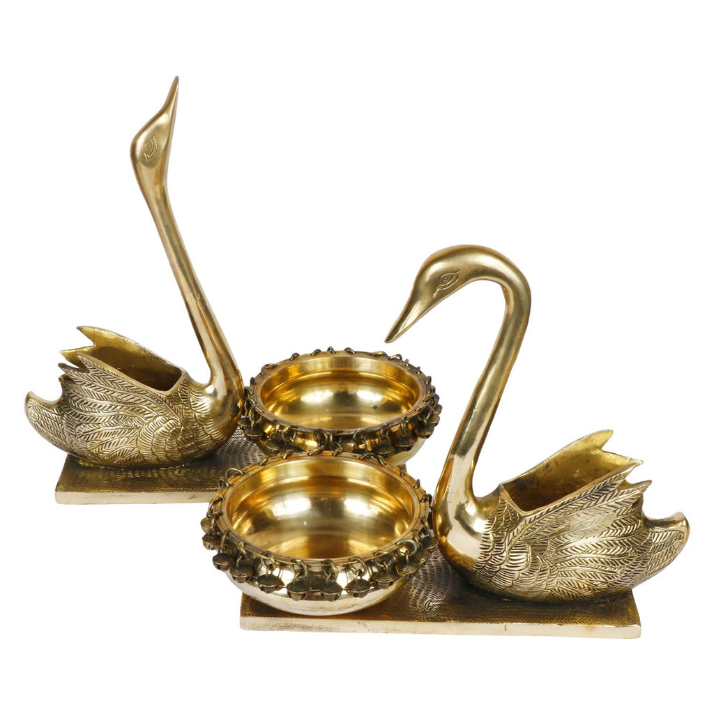 ARTVARKO Brass Ethnic Carved Duck Pair Swan Love Couple Showpiece Urli Bowl (Gold Color, 7 Kg, Height 13 Inch).