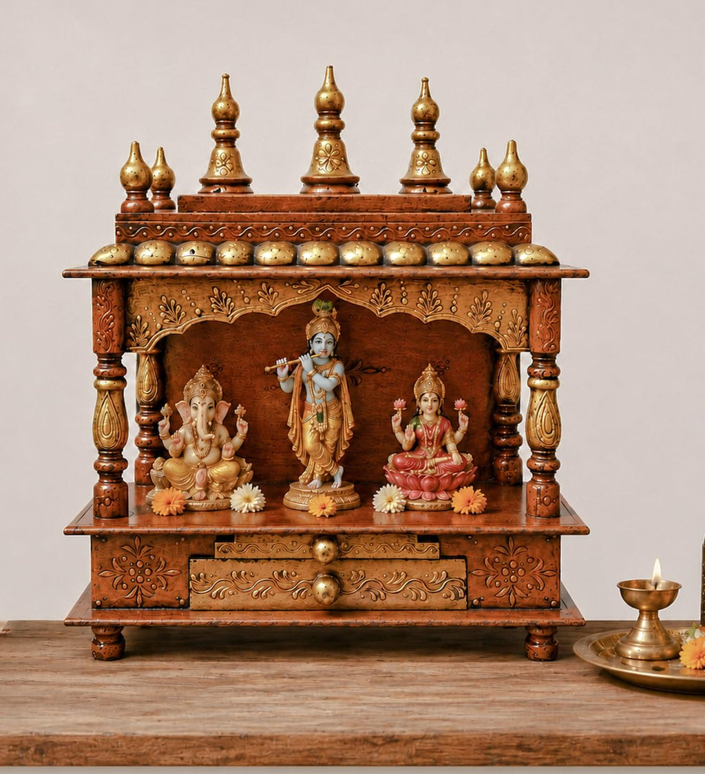 Vipron Wood Pooja Mandir Temple for Home Handicraft Hindu Pooja Ghar Mandap for Worship Copper Gold Painted Home Wall Decor Shrine