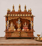 Vipron Wood Pooja Mandir Temple for Home Handicraft Hindu Pooja Ghar Mandap for Worship Copper Gold Painted Home Wall Decor Shrine