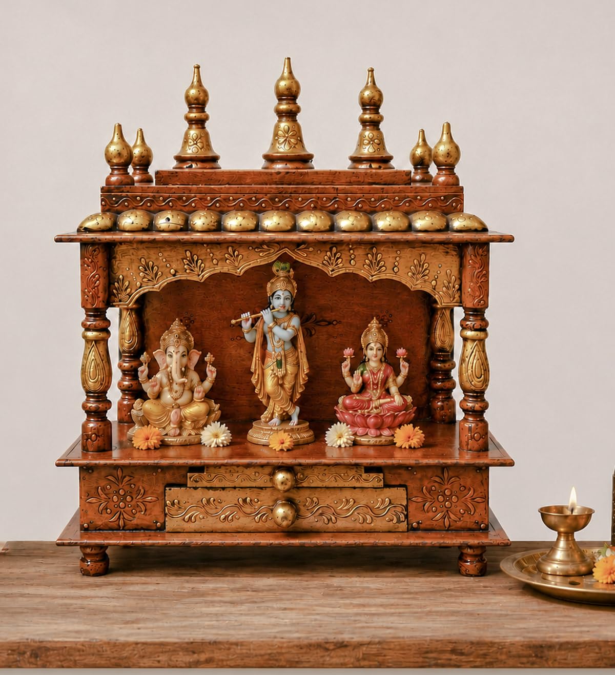 Vipron Wood Pooja Mandir Temple for Home Handicraft Hindu Pooja Ghar Mandap for Worship Copper Gold Painted Home Wall Decor Shrine