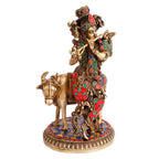 Artvarko Brass Krishna with Cow Playing Flute Idol Statue Krishan Ji Murti Temple Puja Office Home Décor Showpiece Gift 10 Inch.
