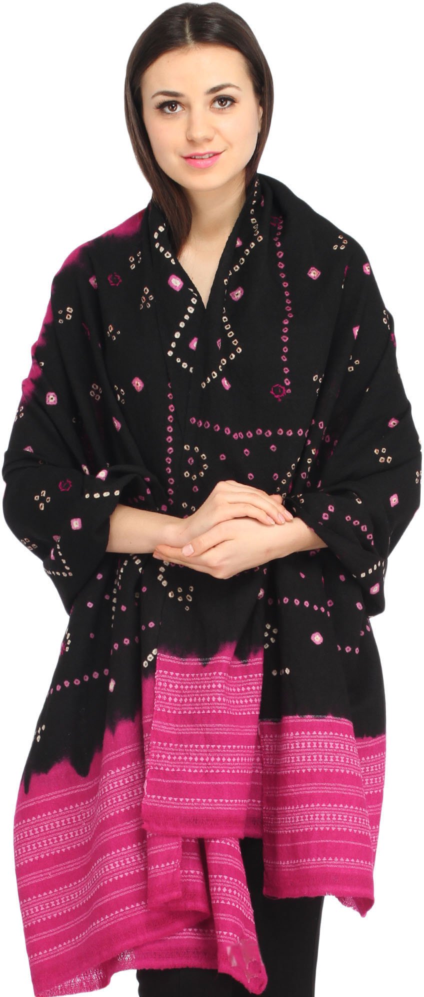 Exotic India Women's Bandhani Tie-Dye from Kutch with Embroidered Mirrors Pure Wool Shawl (SWG08--black-and-carmine)