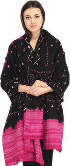 Exotic India Women's Bandhani Tie-Dye from Kutch with Embroidered Mirrors Pure Wool Shawl (SWG08--black-and-carmine)