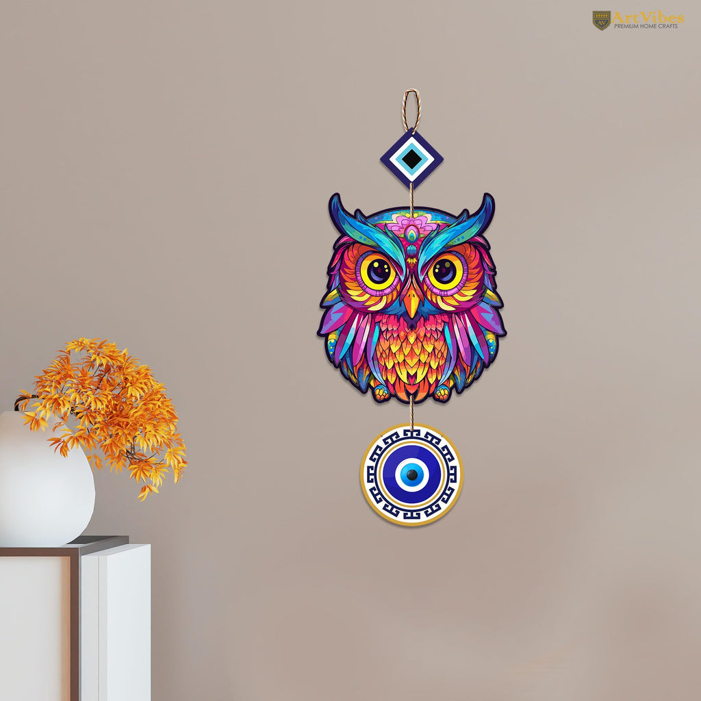 Artvibes Owl and Evil Eye MDF Wood Wall Hanger Ornaments For Vastu For Home Decoration | Livingroom | Spiritual Decor Items | Wall Illustrations | Ethnic Wall Decor | Wall Art Print (WH_8507N)