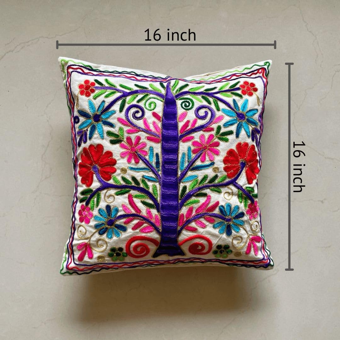 Tree of Life Aari Embroidered Cushion Covers - Set of 2 | Traditional Aari Embroidery | Threadwork Throw Pillow Covers with Zip Closure | Perfect for Sofa, Bed | 16x16 Inch (Multicolor)