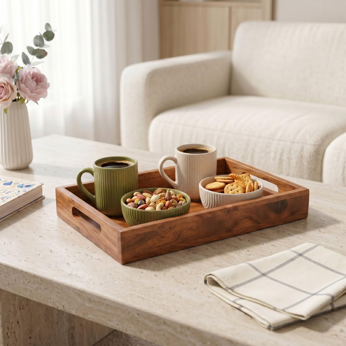 Nestasia Wooden Serving Tray with Handles (36x20cm) - Acacia Wood Rectangular Brown Tray for Dining & Coffee Table | Platter for Serving Tea, Cakes, Snacks, Breakfast & Home Décor (Warm Honey-Brown)