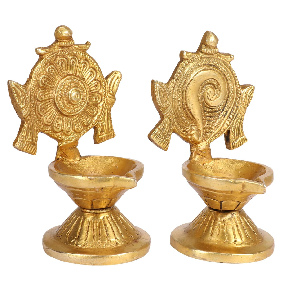 Svarup Brass Shankha-Chakra Diya Set: Home Temple Aarti Deepam, Puja Jyot, Table Mandir
