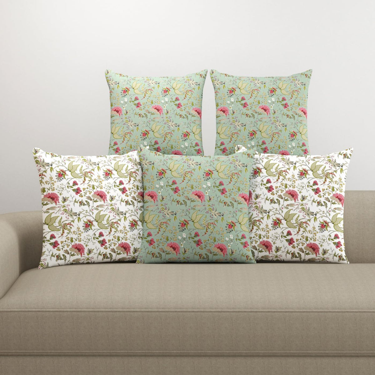 Trance Home Linen Set of 5 Premium 100% Cotton 24X24 Inch Cushion Covers Only for Sofa and Diwan|Throw Pillow/24 x 24 Cushion Pillow Covers | 60Cmx60Cm, Calicut Green White Set of 5,180 TC