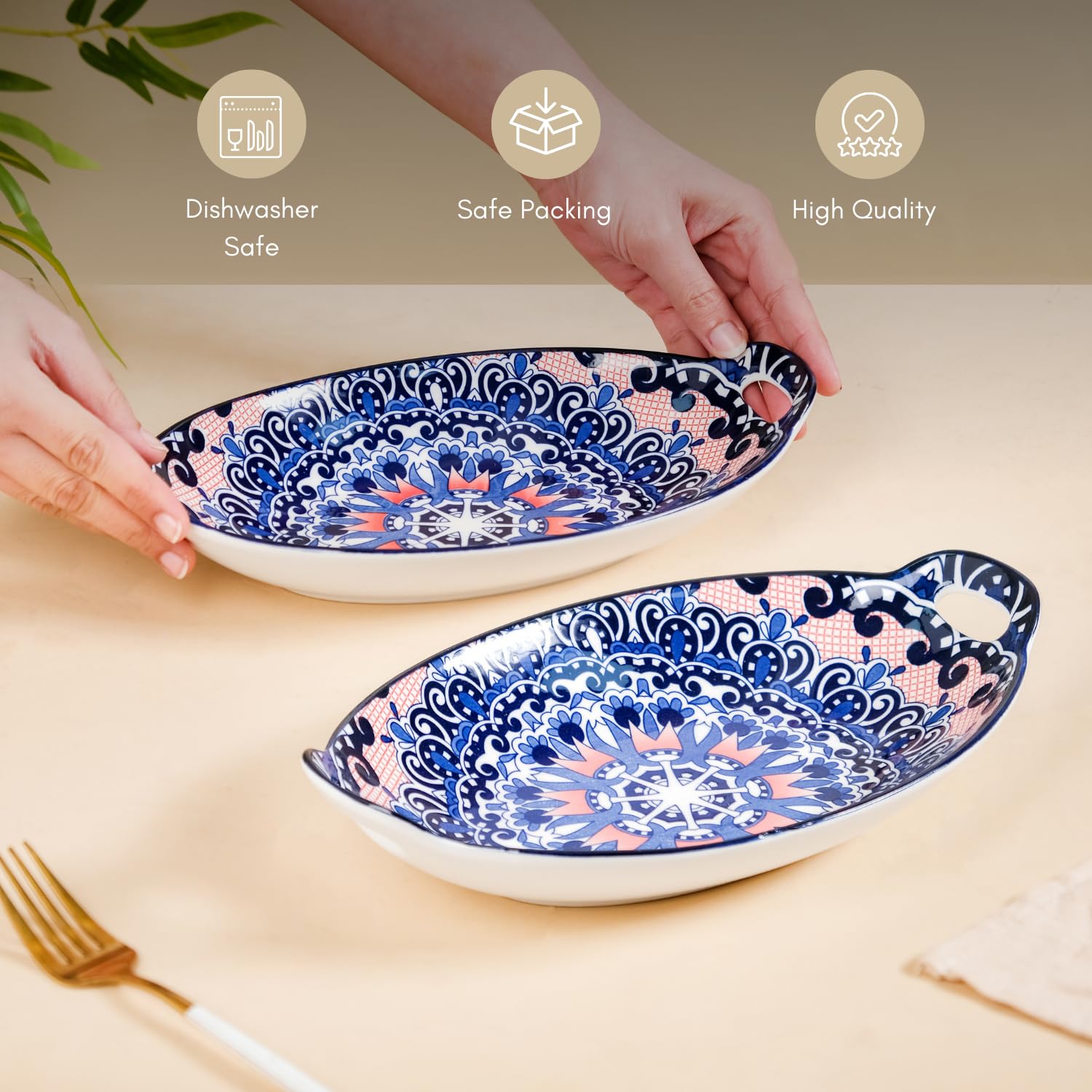 Nestasia Set of 2 Blue Mandala Design Ceramic Serving Platter with Handles for Snacks, Appetizers, Salads, and Noodles | Microwave Safe, Dishwasher Safe (10.8 Inch)