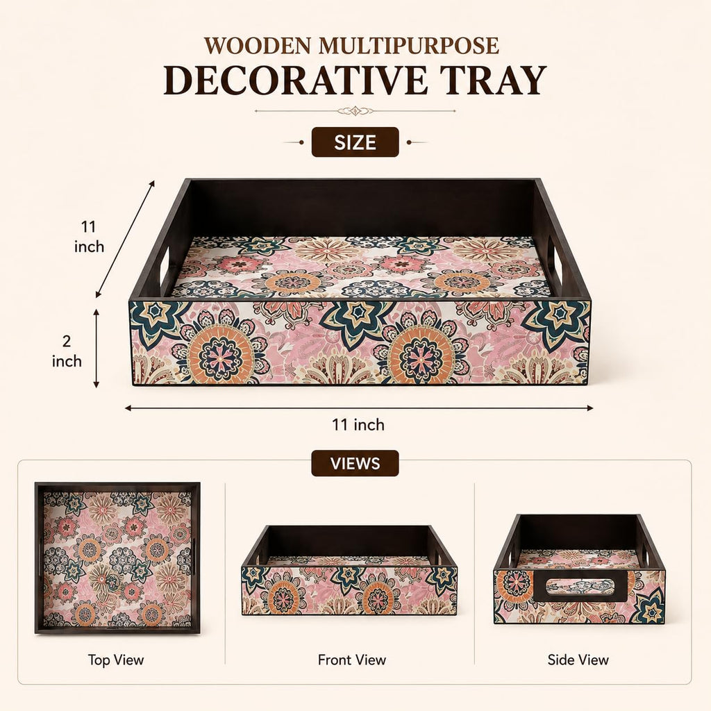 GKD Wooden Serving Tray for Tea & Coffee | Decorative Breakfast Tray with Handles | 11 x 11 Inch Square Snack Serving Tray for Dining Table, Kitchen, Ottoman, Coffee Table & Home Décor