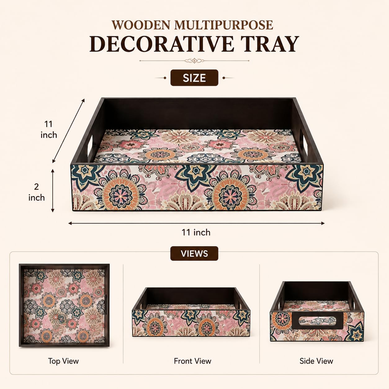 GKD Wooden Serving Tray for Tea & Coffee | Decorative Breakfast Tray with Handles | 11 x 11 Inch Square Snack Serving Tray for Dining Table, Kitchen, Ottoman, Coffee Table & Home Décor
