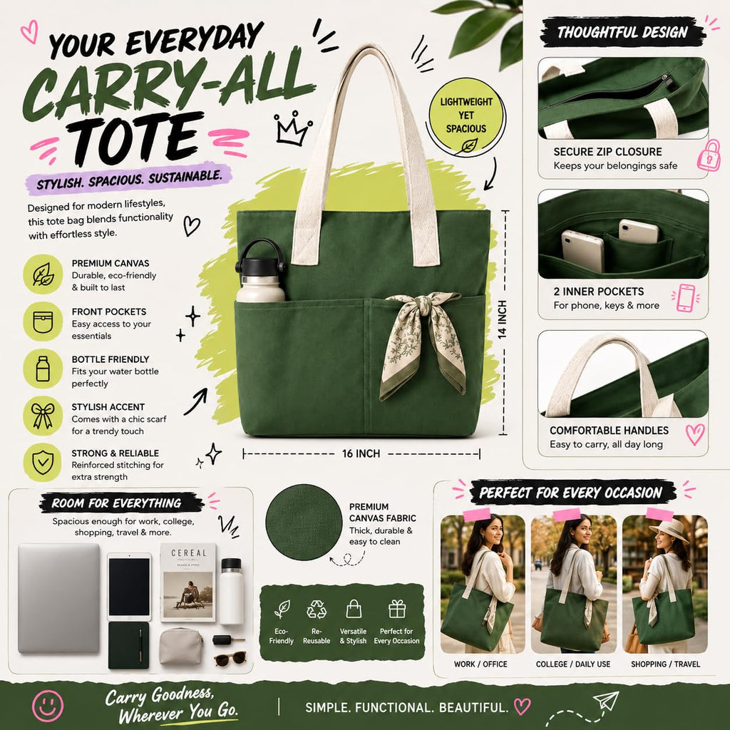 HOMELYA Explore Cotton Tote Bag for Women | Spacious Lightweight Shoulder Handbag for Office | College & Travel | Stylish Everyday Carry Bag (Olive)