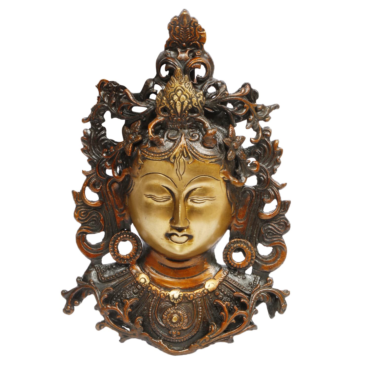 ARTVARKO Pure Brass Tara Face Tibetan Buddha Buddhist Idol Deity Mask Fengshui Vastu Wall Hanging Showpiece Decoration 11 Inch.