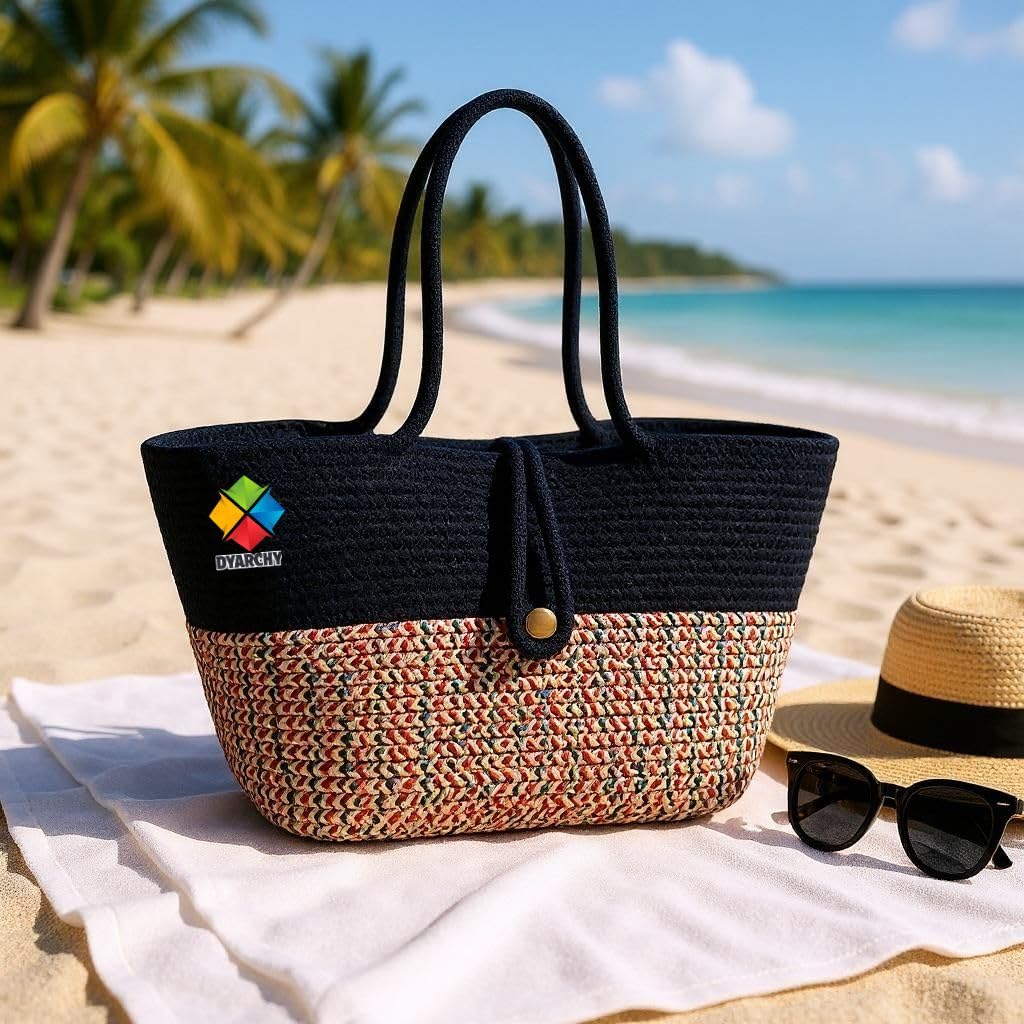 DYARCHY Woven Straw Beach Tote Bag, Cotton Rope Handle with Button Closure (BLUEDESIGNER)