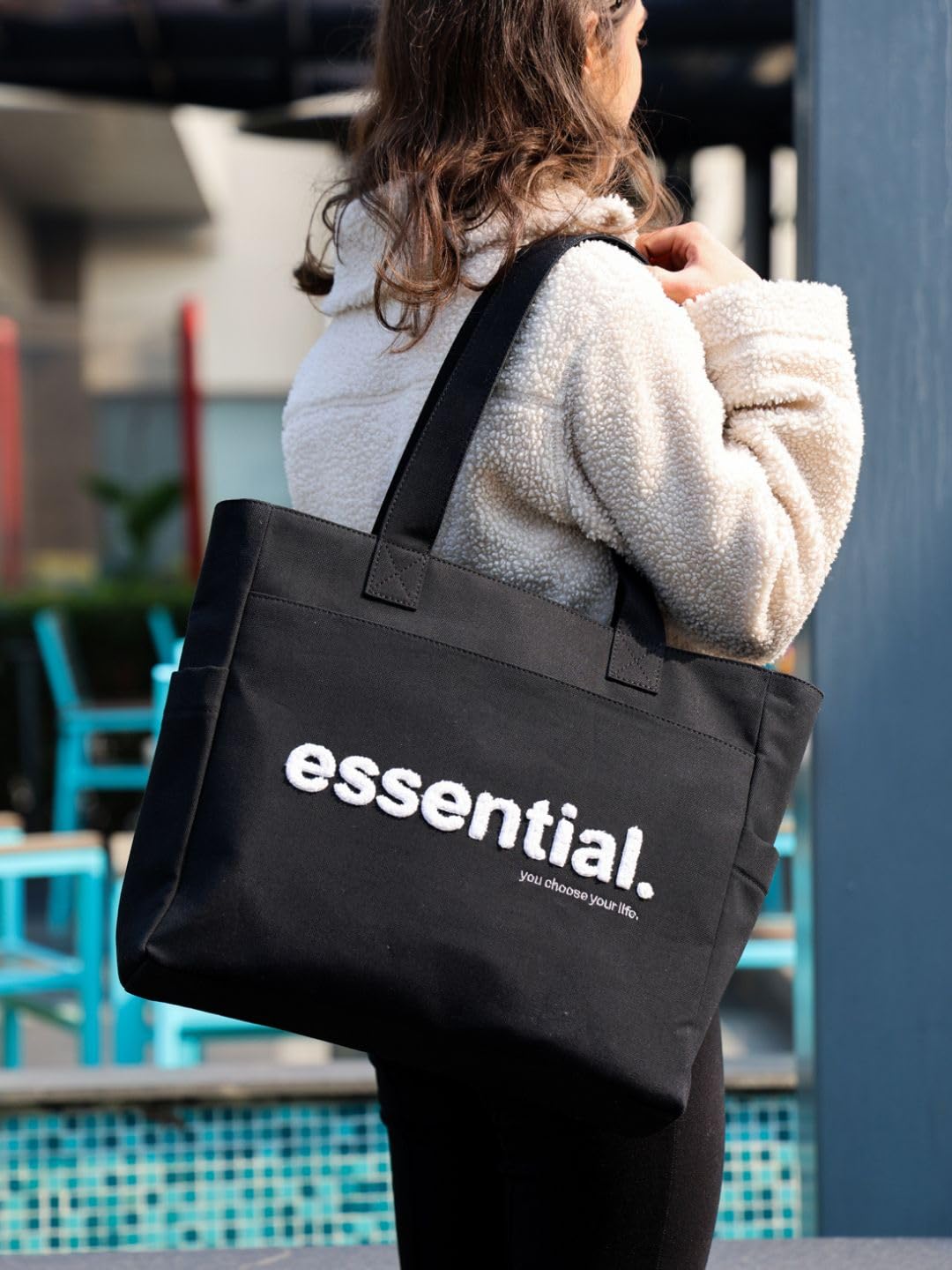 TSANTA Cotton Canvas Tote Bag for Women, Large, Black, Zipper Closure, 6 Pockets, Laptop Compartment, 35x33x11 cm