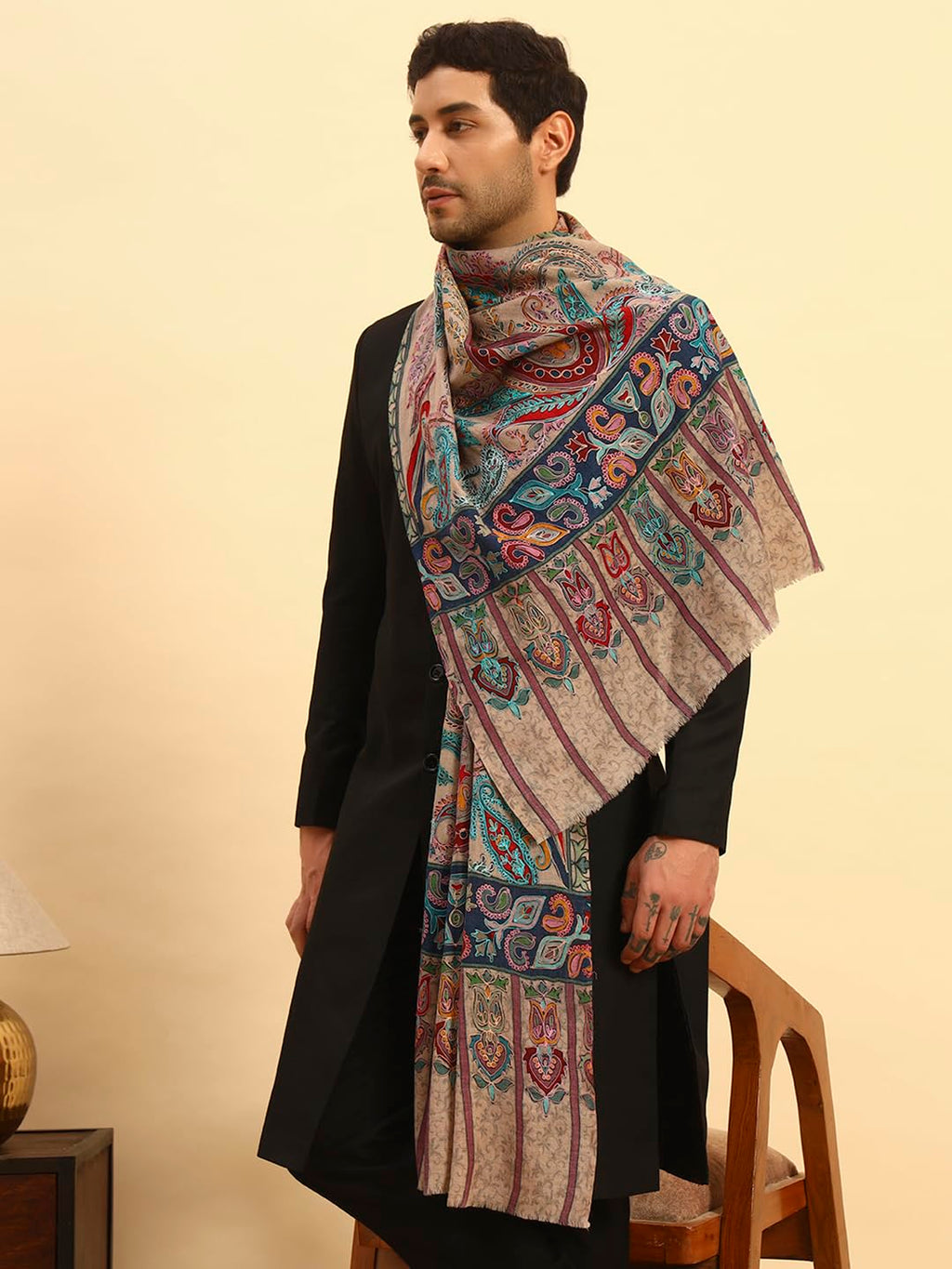 Pashmoda Men Saahtaar 100% Pure Wool Fabric Kalamkari Embroidered Stole (Size-28x80in, 71x203cm) MKAST01