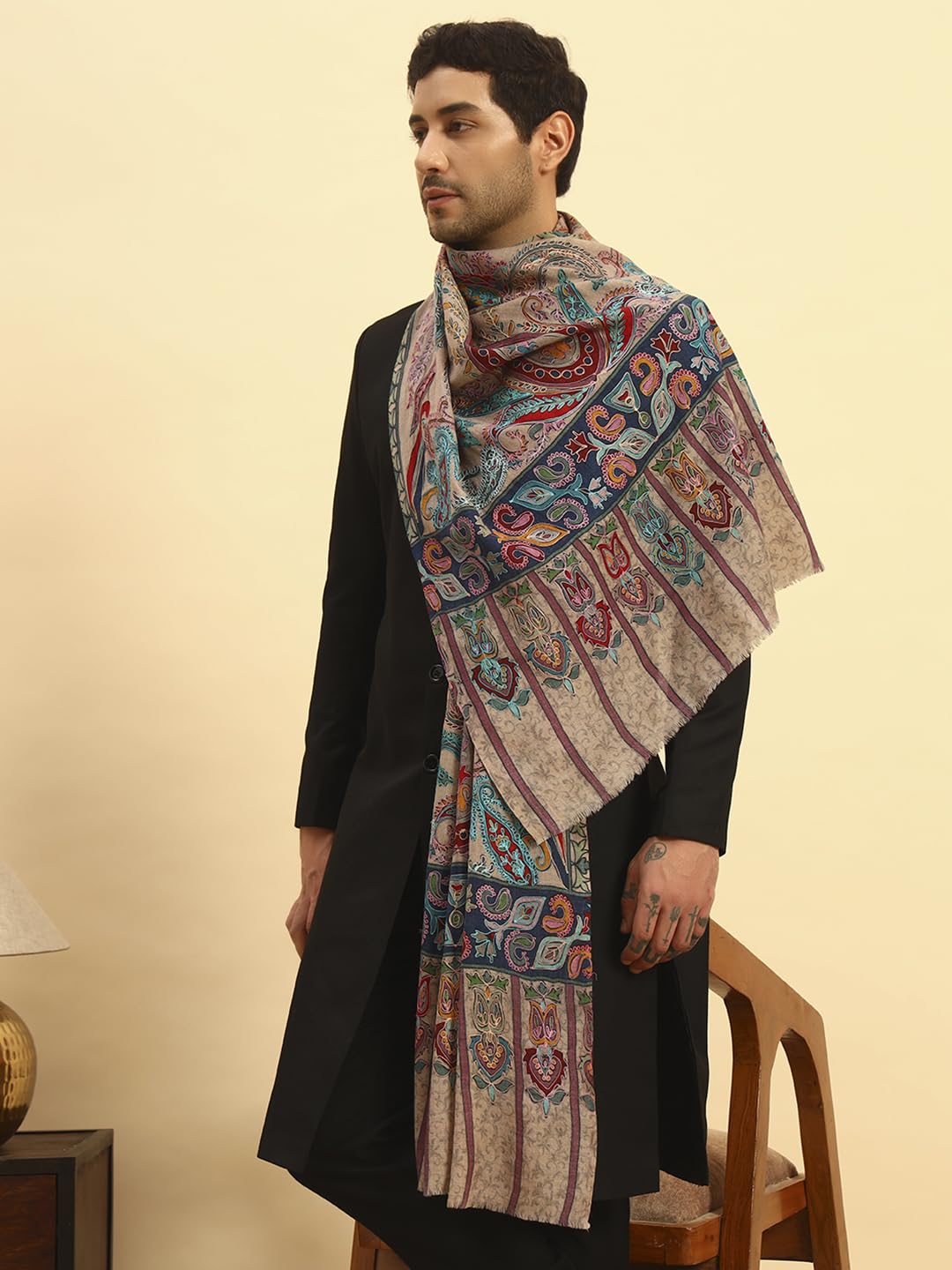 Pashmoda Men Saahtaar 100% Pure Wool Fabric Kalamkari Embroidered Stole (Size-28x80in, 71x203cm) MKAST01