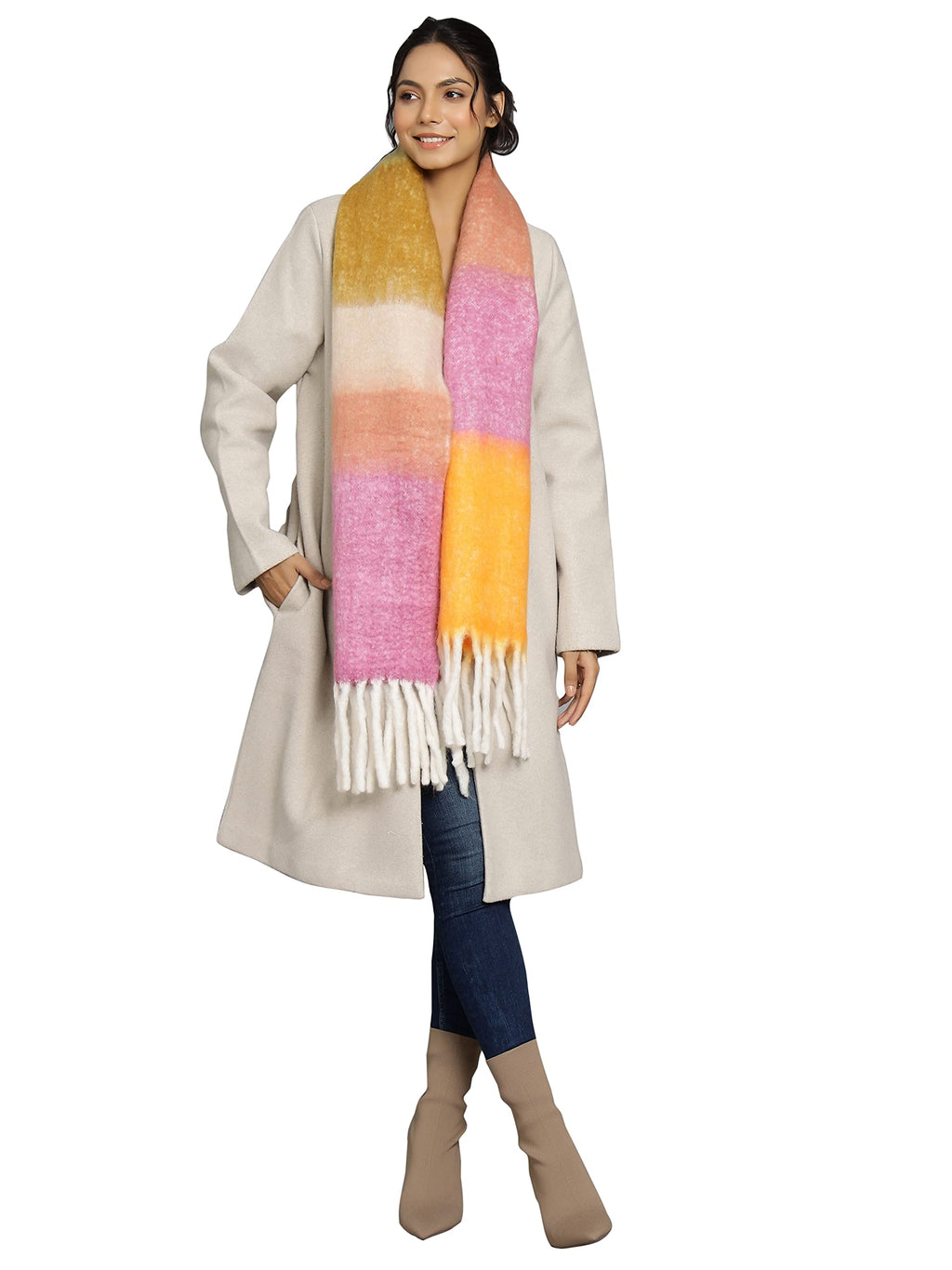 Ravaiyaa - Attitude is everything Women's Cashmere Wool Acrylic Scarf Winter Long Scarves, Neck Wrap 72 X 14 Inch (Yellow & Pink)