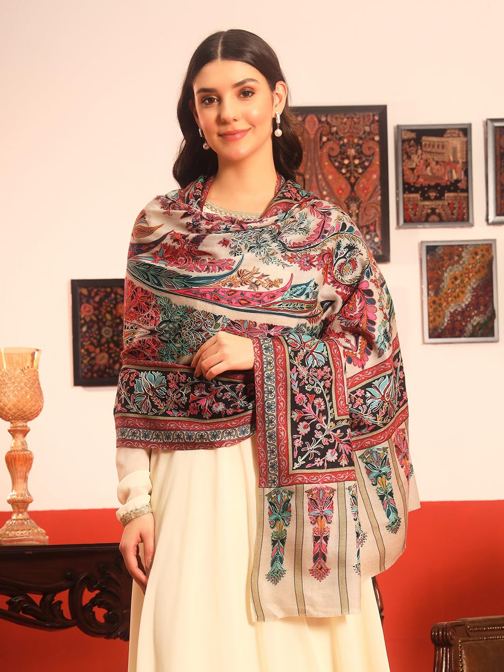 Pashmoda Women Rangkalam 100% Pure Wool Fabric Kalamkari Embroidered Shawl (Size: 40x80in, 101x203cm) KAS21