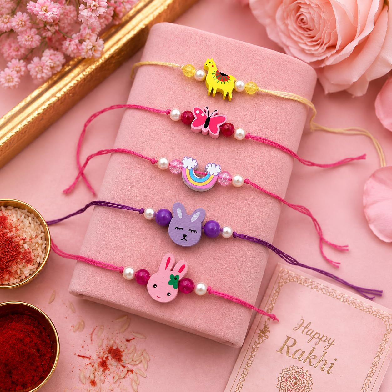 CraftVatika Rakhi for Kids Rakhi Set of 5 for Brother Sister Boys Girls Kids, Rakhis for Rakshabandhan, Designer Thread Raki for Toddlers Children, Rakshabandhan Combo with Best Wishes Card & Tillak