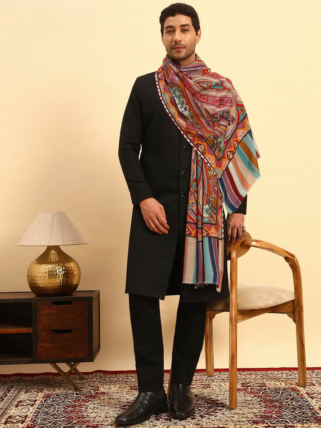 Pashmoda Men Rangdil 100% Pure Wool Fabric Kalamkari Embroidered Stole (Size-28x80in, 71x203cm) MKAST02