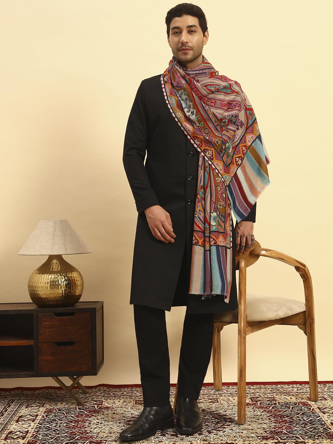 Pashmoda Men Rangdil 100% Pure Wool Fabric Kalamkari Embroidered Stole (Size-28x80in, 71x203cm) MKAST02