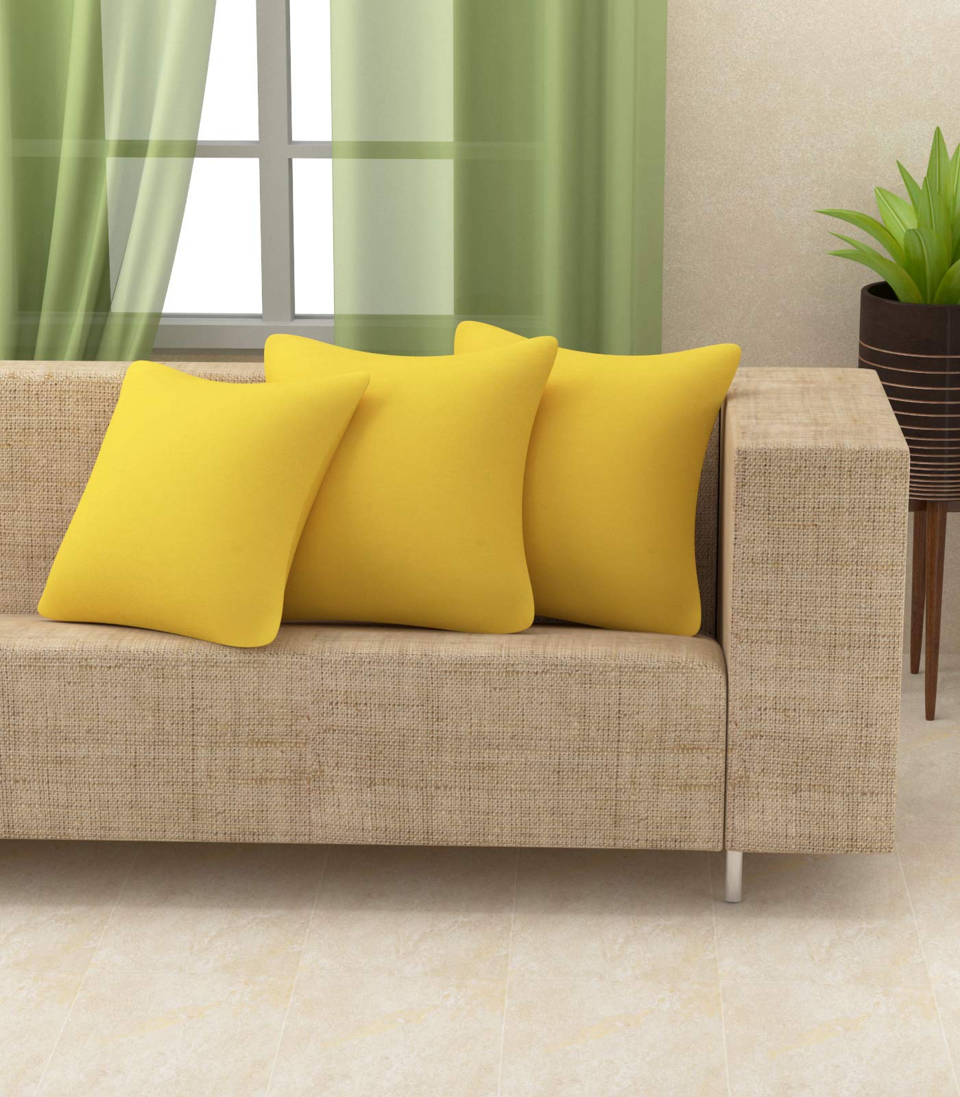 Yellow Weaves Cotton Canvas Decorative Cushion Covers, (16 X 16 Inches), Set Of 3, Yellow, 250 TC