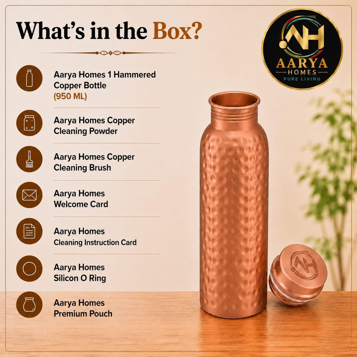 AARYA HOMES Pure Hammered Copper Water Bottle(950ml) | BPA-Free | Leak Proof | 99.9% Pure Copper | Antioxidant Benefits | Ayurveda Inspired | With Cleaning Powder,Brush,Silicon O-Ring & Premium Pouch.