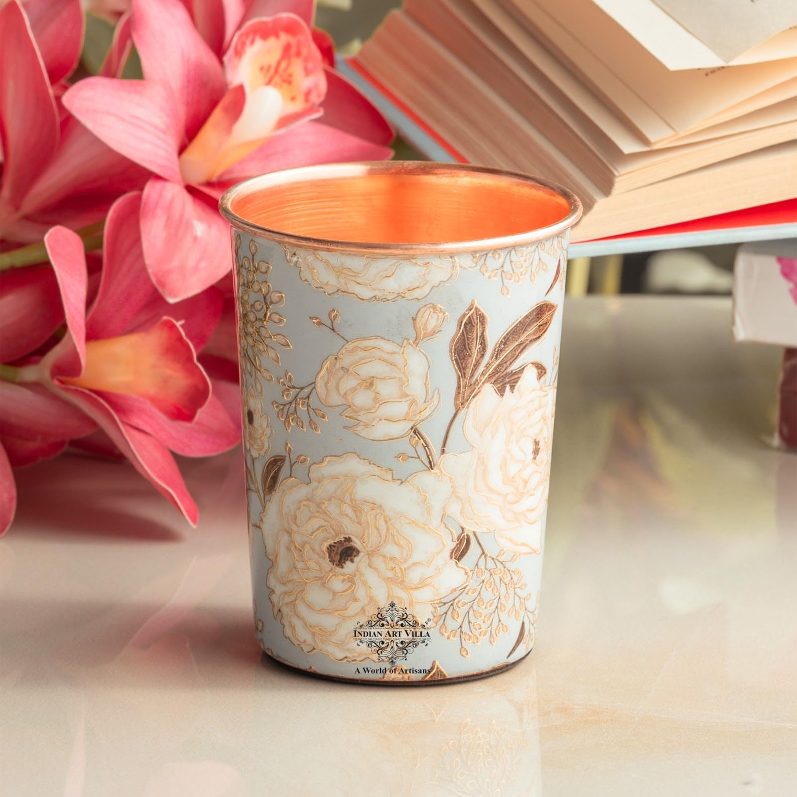 INDIAN ART VILLA Copper Gold Print Design Glass, 275 ML, Copper Ayurvedic Drinkware for Daily Water Drinking, Elegant Floral Printed Tumbler for Home, Office, Kitchen & Gifting, Set of 6