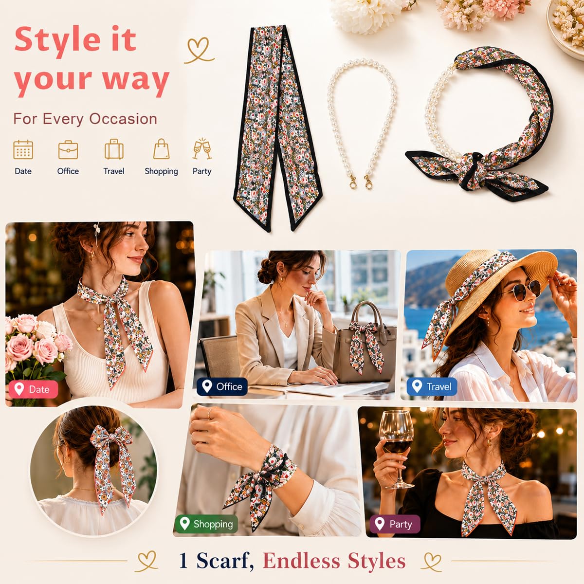 Floral Print Neck Hair Scarf for Women With Faux Pearl Chain Handbag Decor