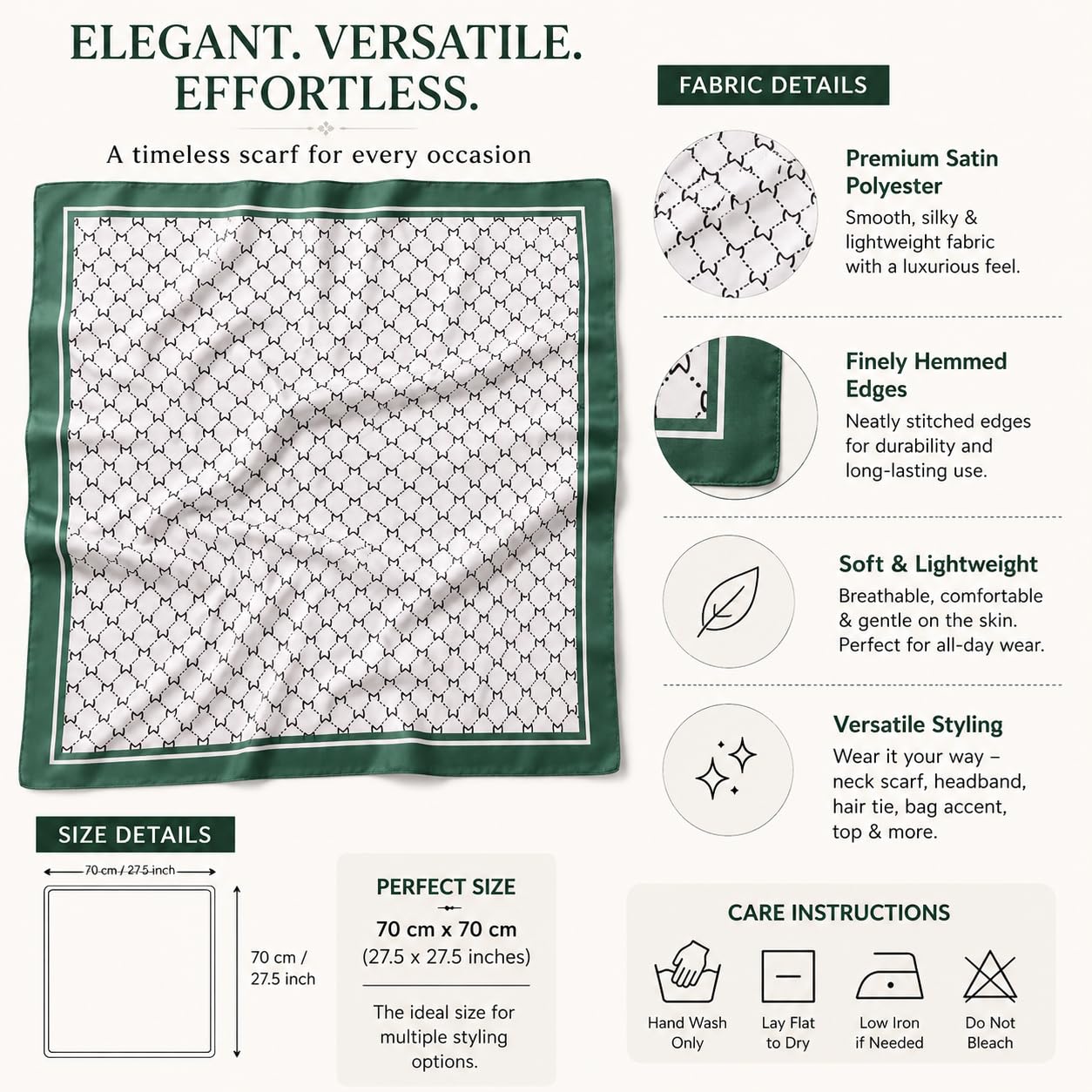 ESTA Satin silk-feel Head Scarf for Women Stylish Bandanas for Women Head Neck Stole Wrap Emerald Green Geometric Lattice Print Square Bandana Gift (27.5x27.5inch)