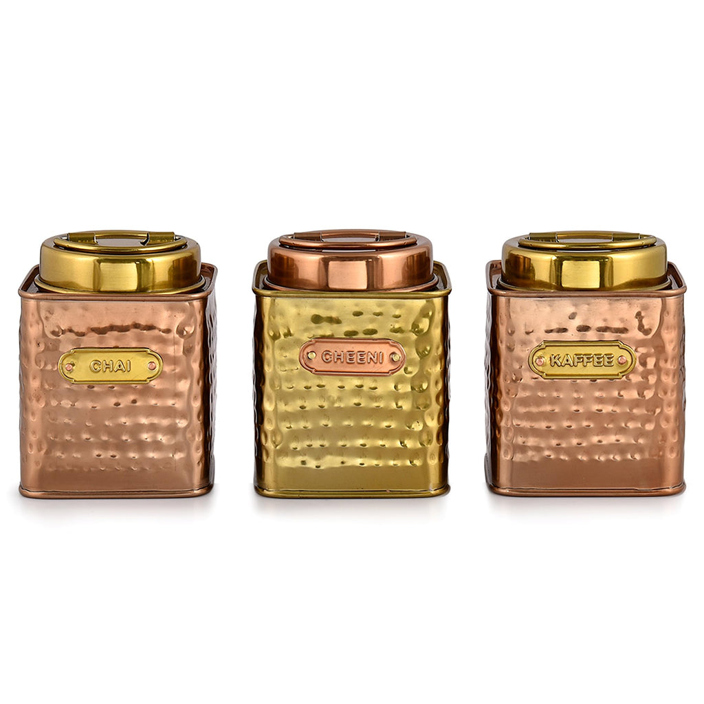 Elan Dabbahs and Days Stainless Steel Square Chai, Cheeni & Kaffee Multipurpose Canister, Kitchen Organizer Jar for Tea Sugar Coffee and Snacks (650 ml each, Set of 3, Copper and Antique Gold Finish)