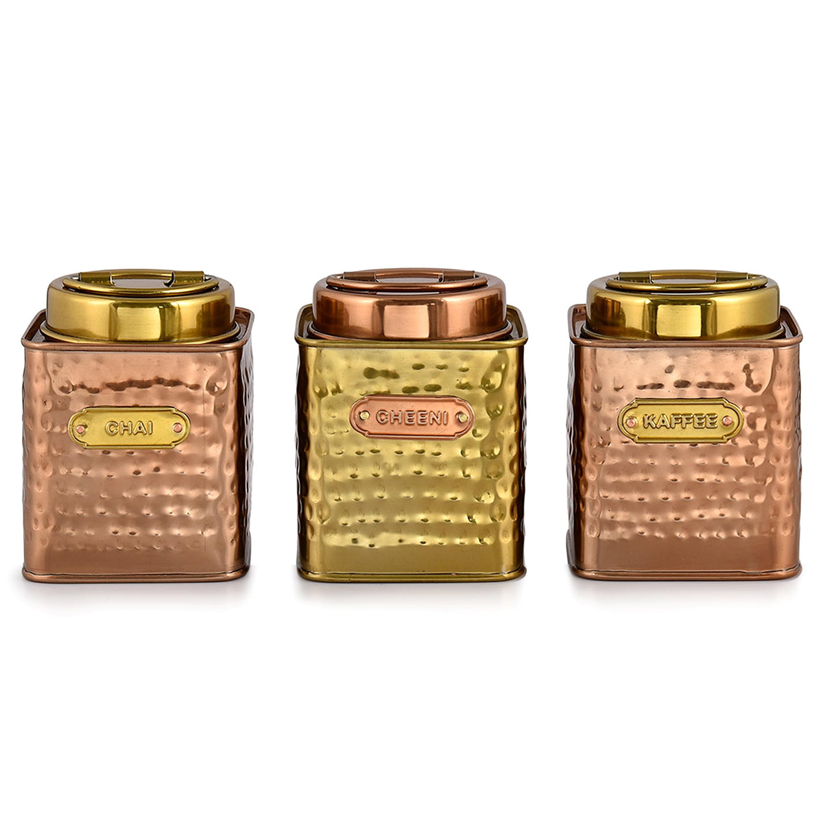 Elan Dabbahs and Days Stainless Steel Square Chai, Cheeni & Kaffee Multipurpose Canister, Kitchen Organizer Jar for Tea Sugar Coffee and Snacks (650 ml each, Set of 3, Copper and Antique Gold Finish)