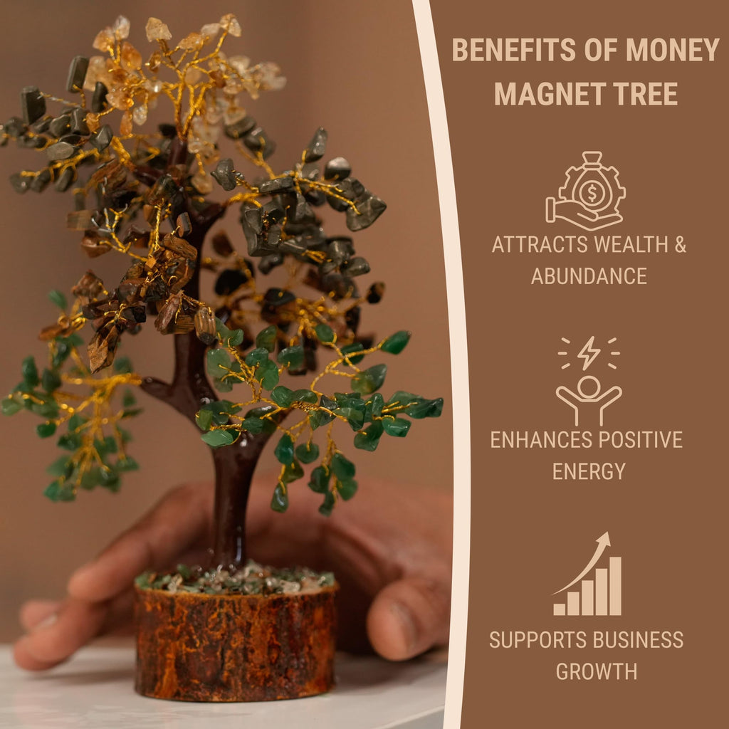 Money Magnet Crystal Tree with Pyrite, Tiger Eye, Citrine & Green Aventurine for Wealth, Abundance, Financial Growth, Success & Positive Energy | Vastu Decor for Home & Office
