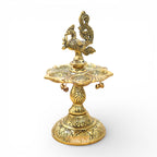 Kridaykraft Metal Peacock Diya Samai Oil Lamp, Gold Finish, Traditional Indian Decor, 19 cm Height, 270 gm, Handcrafted Design