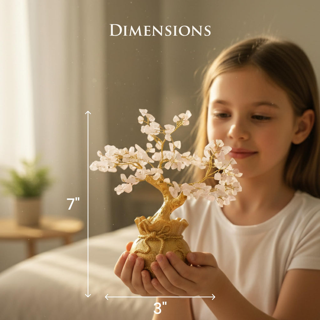 Fourteen Crystals Rose Quartz Crystal Bonsai Tree with Golden Pot | Handmade Feng Shui Tree for Love, Harmony & Healing | Home Showpiece Good Luck Gift
