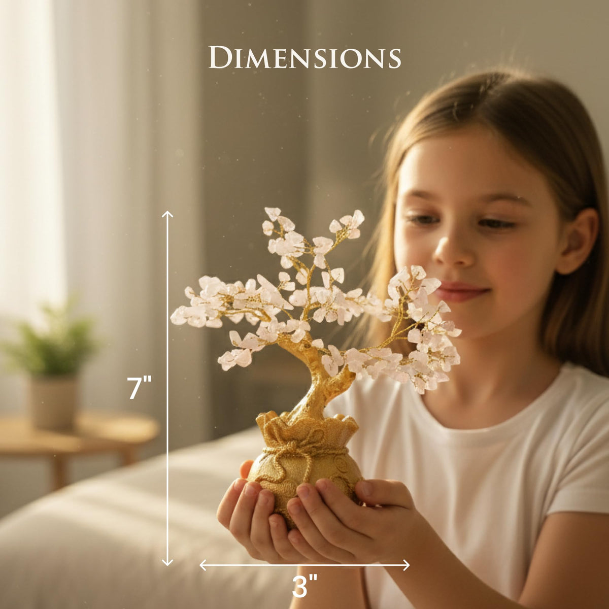 Fourteen Crystals Rose Quartz Crystal Bonsai Tree with Golden Pot | Handmade Feng Shui Tree for Love, Harmony & Healing | Home Showpiece Good Luck Gift